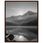 Mountain peaks and conifer forests reflected in a misty lake, with rocks in the foreground, in black and white.