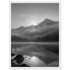 Mountain peaks and conifer forests reflected in a misty lake, with rocks in the foreground, in black and white.