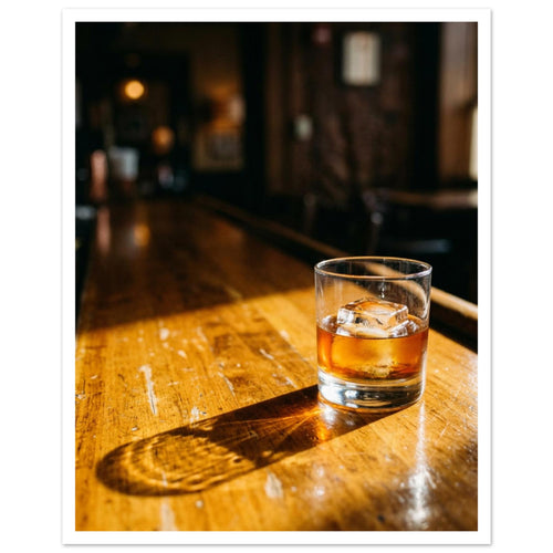 Tumbler of amber drink with ice on a sunlit wooden bar, casting a long shadow against a dark, blurred interior.