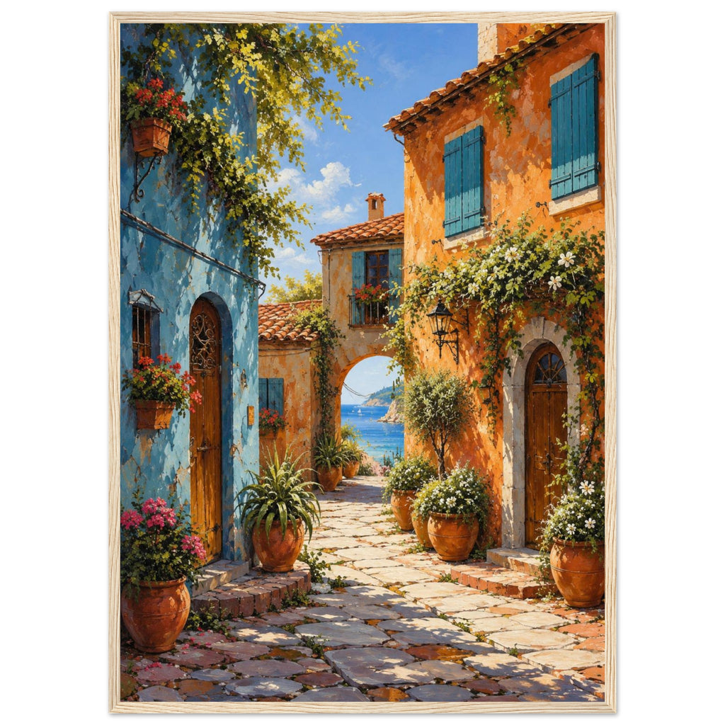 Coastal village lane with blue and orange buildings, potted flowers and a stone archway opening onto a sea view.