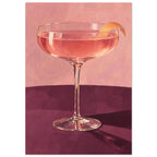 Coupe glass holding a pink cocktail with orange peel on a burgundy table against a textured pink background.