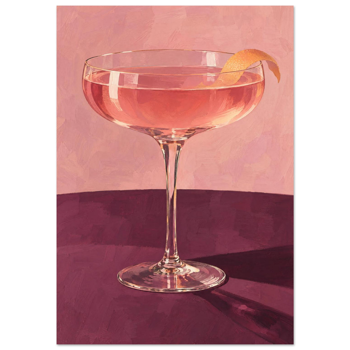 Coupe glass holding a pink cocktail with orange peel on a burgundy table against a textured pink background.