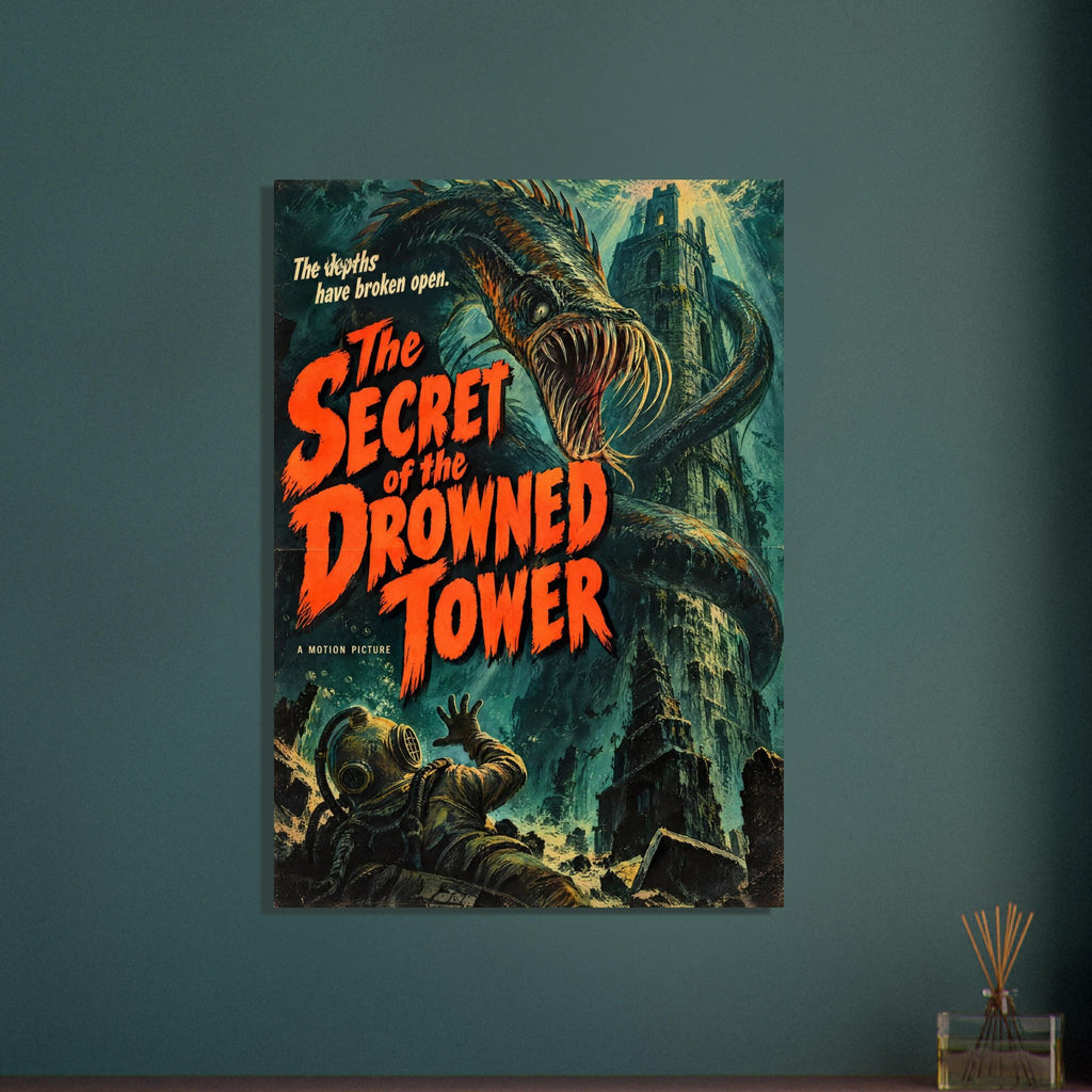 Toothed sea monster coils around an underwater tower above a helmeted diver, with large orange horror-film lettering.