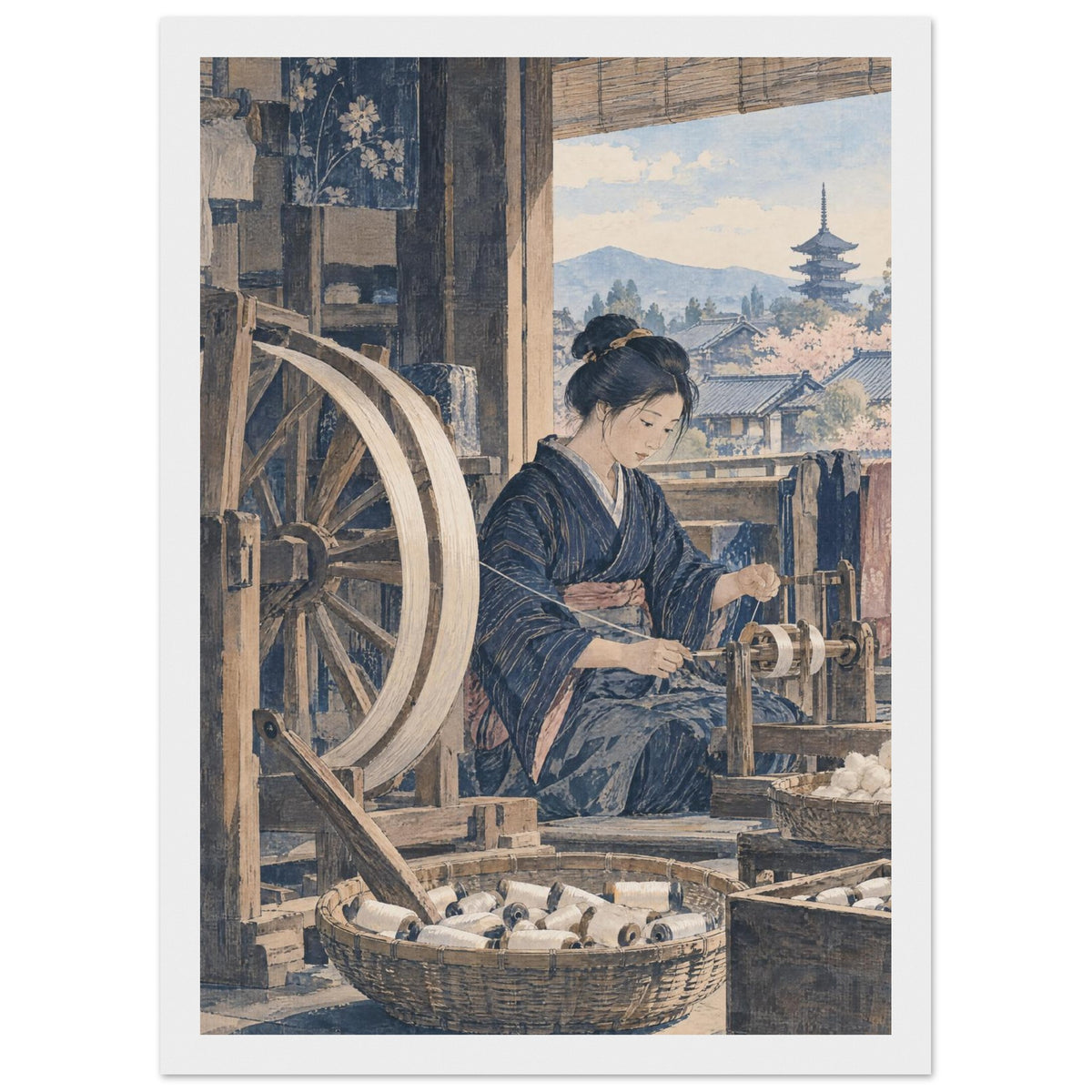 Japanese Thread Winding Watercolour Art Print – Framed