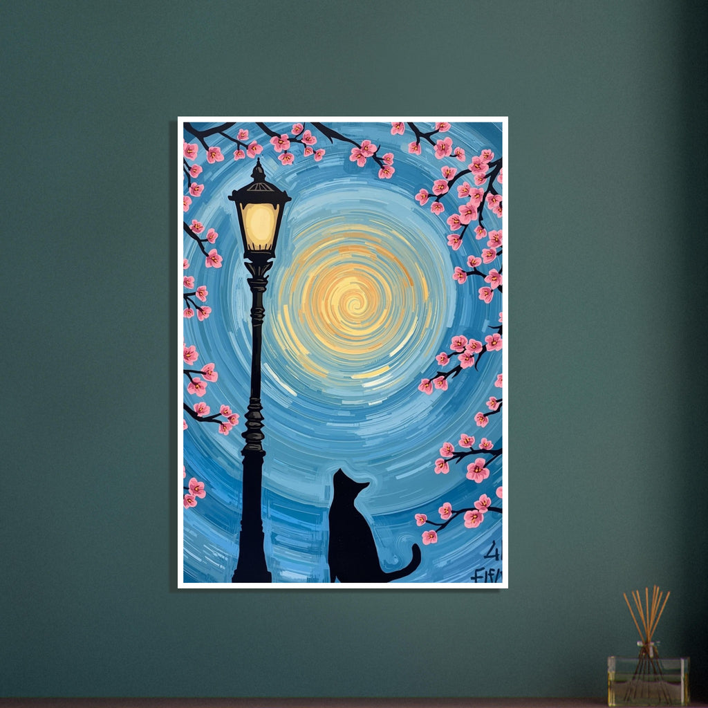 Black cat beside a glowing street lamp, framed by pink blossom branches against a swirling blue and yellow sky.