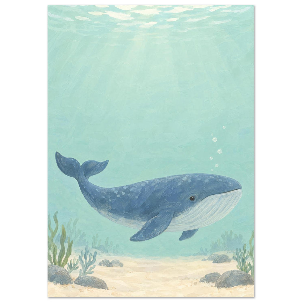 Blue whale swimming through pale aqua water above a sandy seabed with rocks and sea plants, beneath sunlit ripples.
