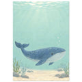 Blue whale swimming through pale aqua water above a sandy seabed with rocks and sea plants, beneath sunlit ripples.