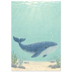 Blue whale swimming through pale aqua water above a sandy seabed with rocks and sea plants, beneath sunlit ripples.