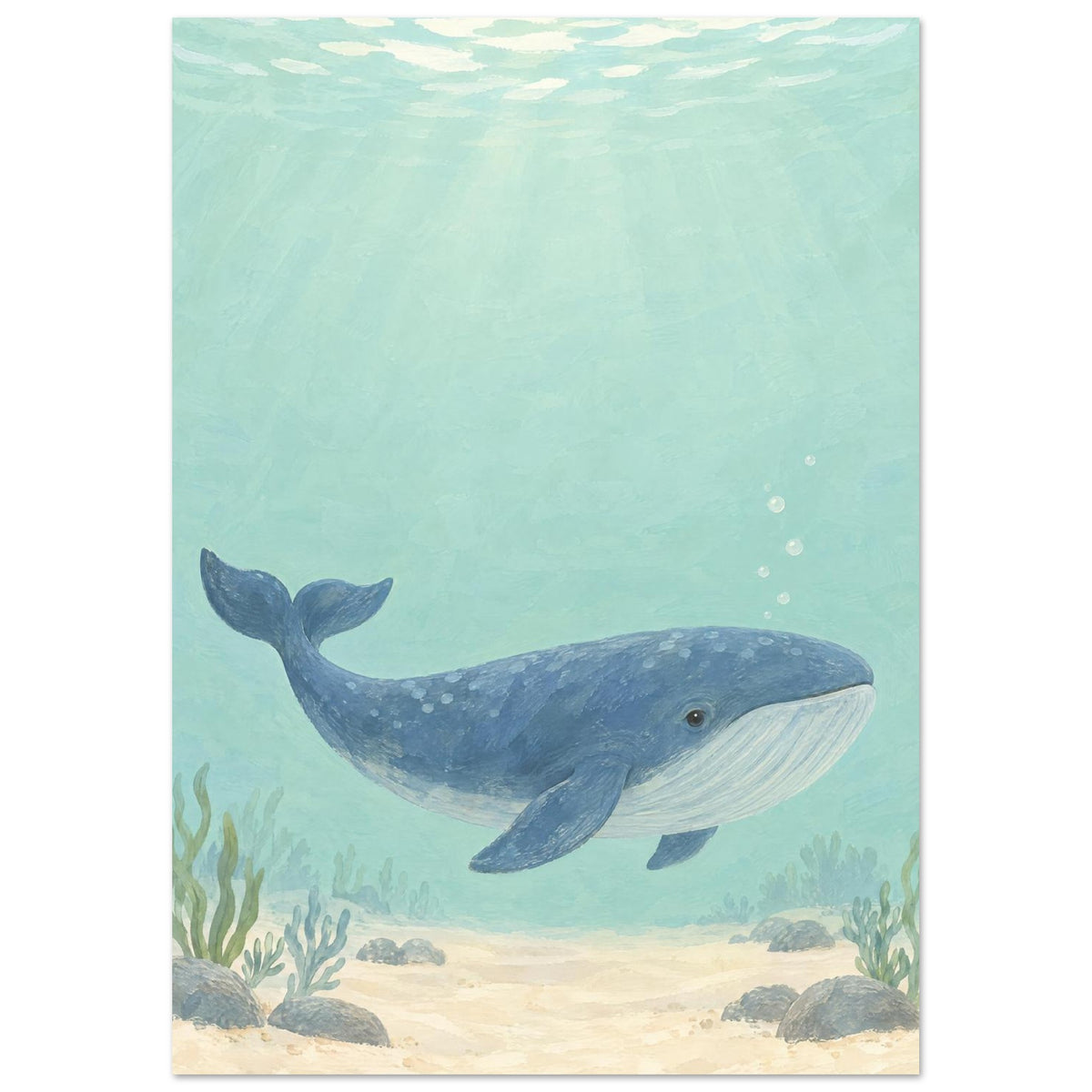 Blue whale swimming through pale aqua water above a sandy seabed with rocks and sea plants, beneath sunlit ripples.