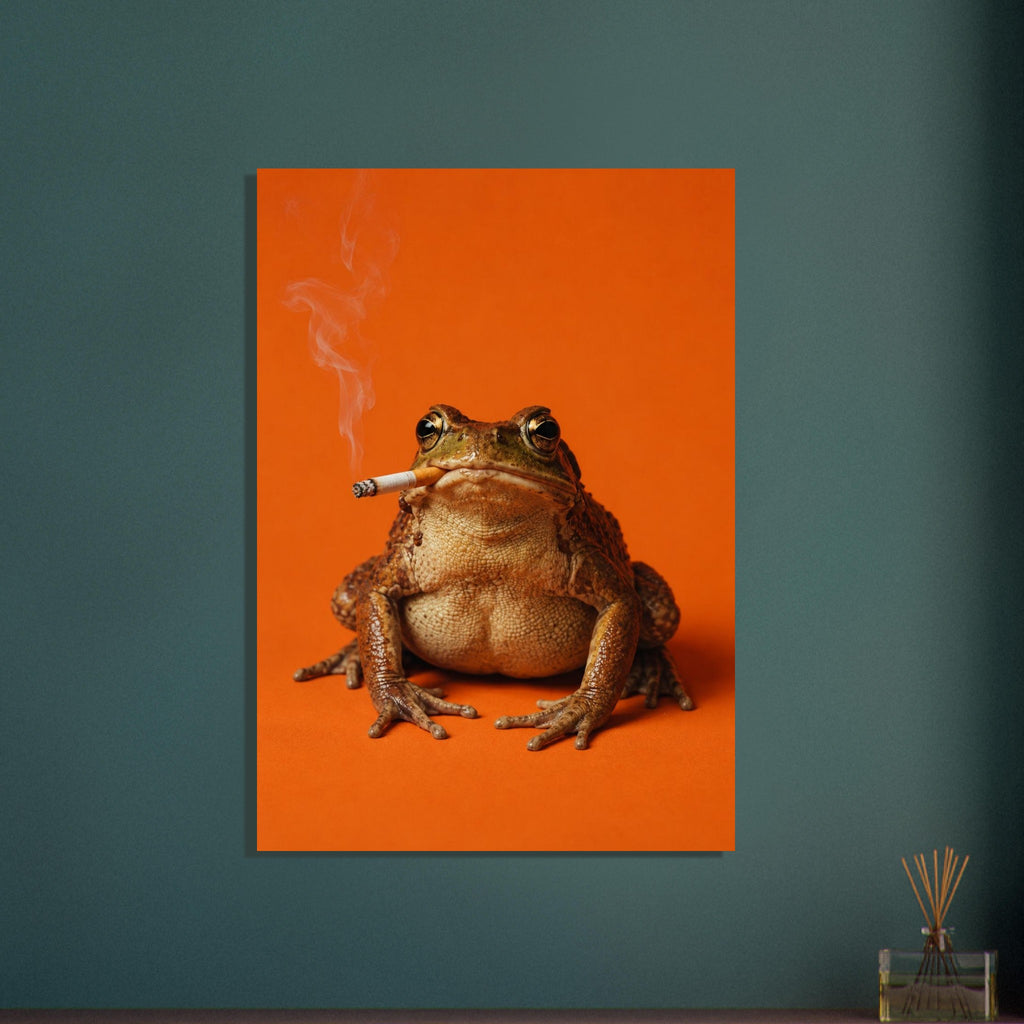 Brown toad facing forwards with a cigarette in its mouth and smoke curling upwards against a bright orange background.