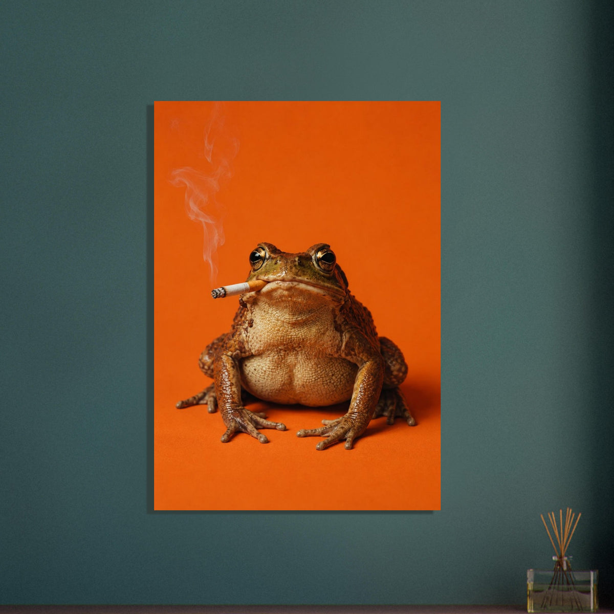 Brown toad facing forwards with a cigarette in its mouth and smoke curling upwards against a bright orange background.