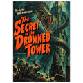 Toothed sea monster coils around an underwater tower above a helmeted diver, with large orange horror-film lettering.