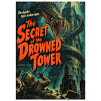 Toothed sea monster coils around an underwater tower above a helmeted diver, with large orange horror-film lettering.