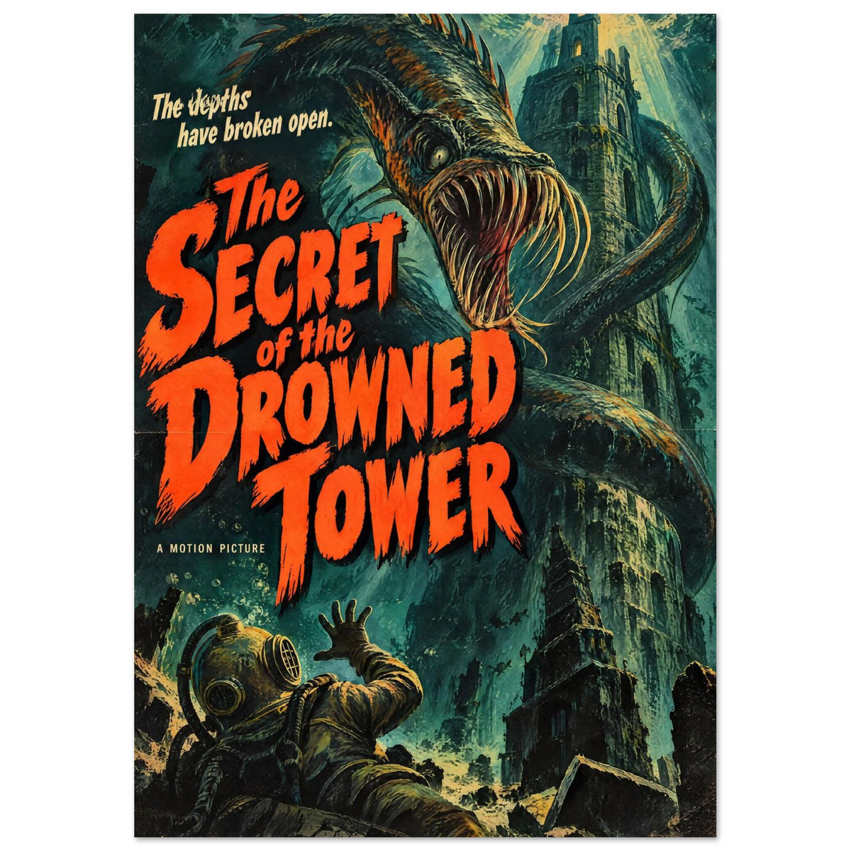 Toothed sea monster coils around an underwater tower above a helmeted diver, with large orange horror-film lettering.