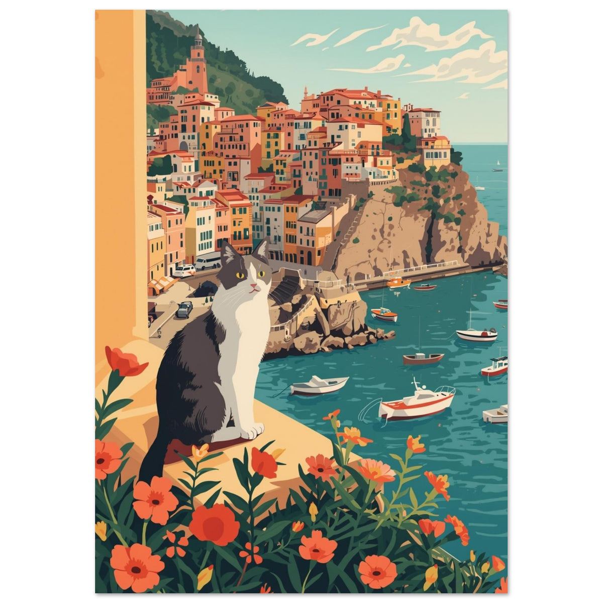 Grey and white cat on a flower-lined ledge above a teal harbour, small boats and colourful hillside buildings.