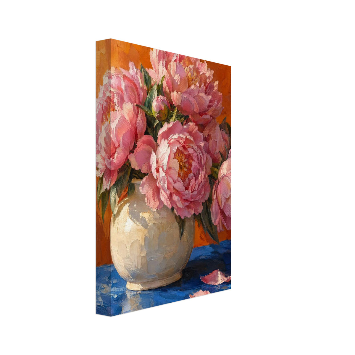 Pink peonies in a cream vase on a blue tabletop, with two fallen petals and an orange background, painted in broad strokes.