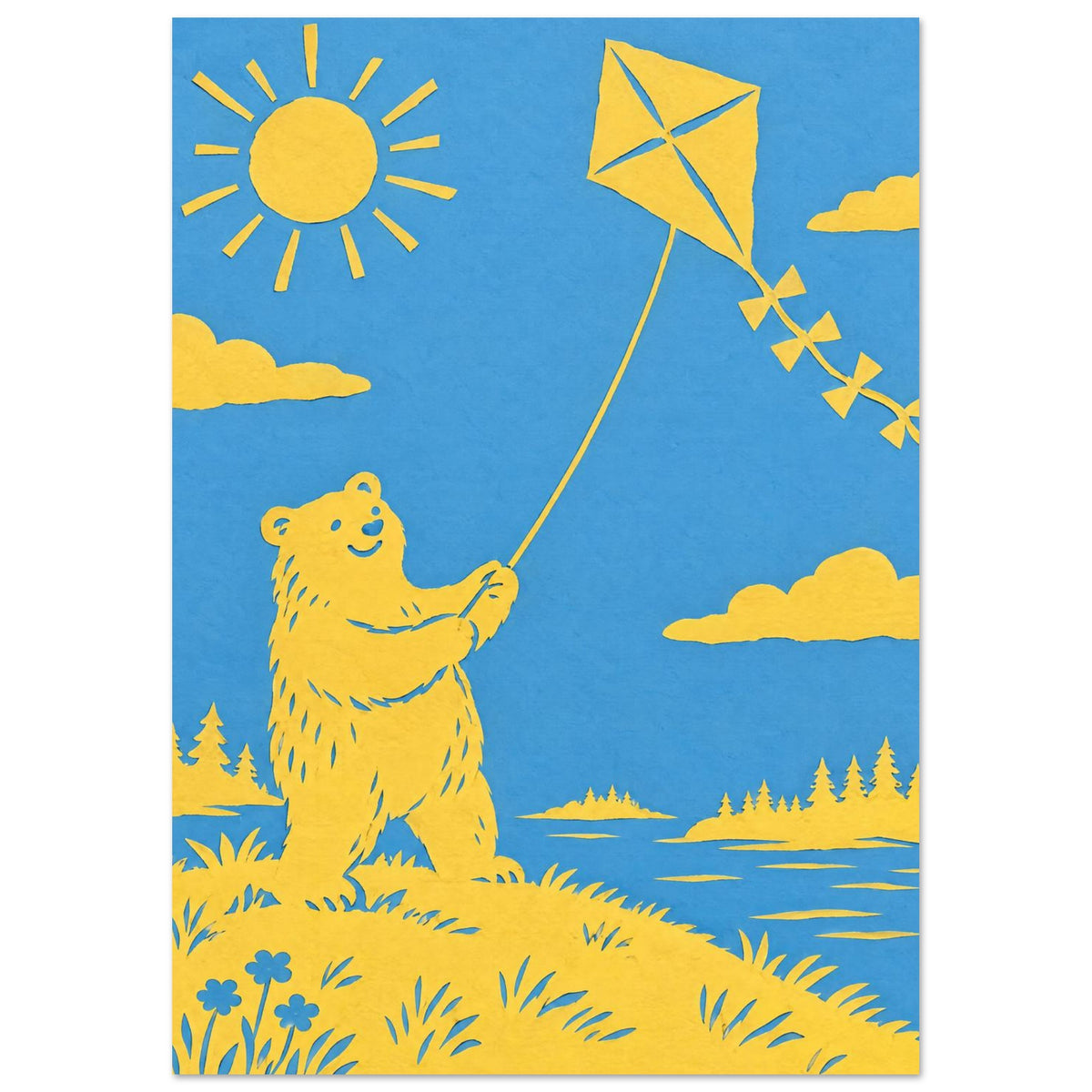 Yellow bear flying a kite beneath a sun and clouds, beside blue water with tree-lined banks, in a paper-cut style.