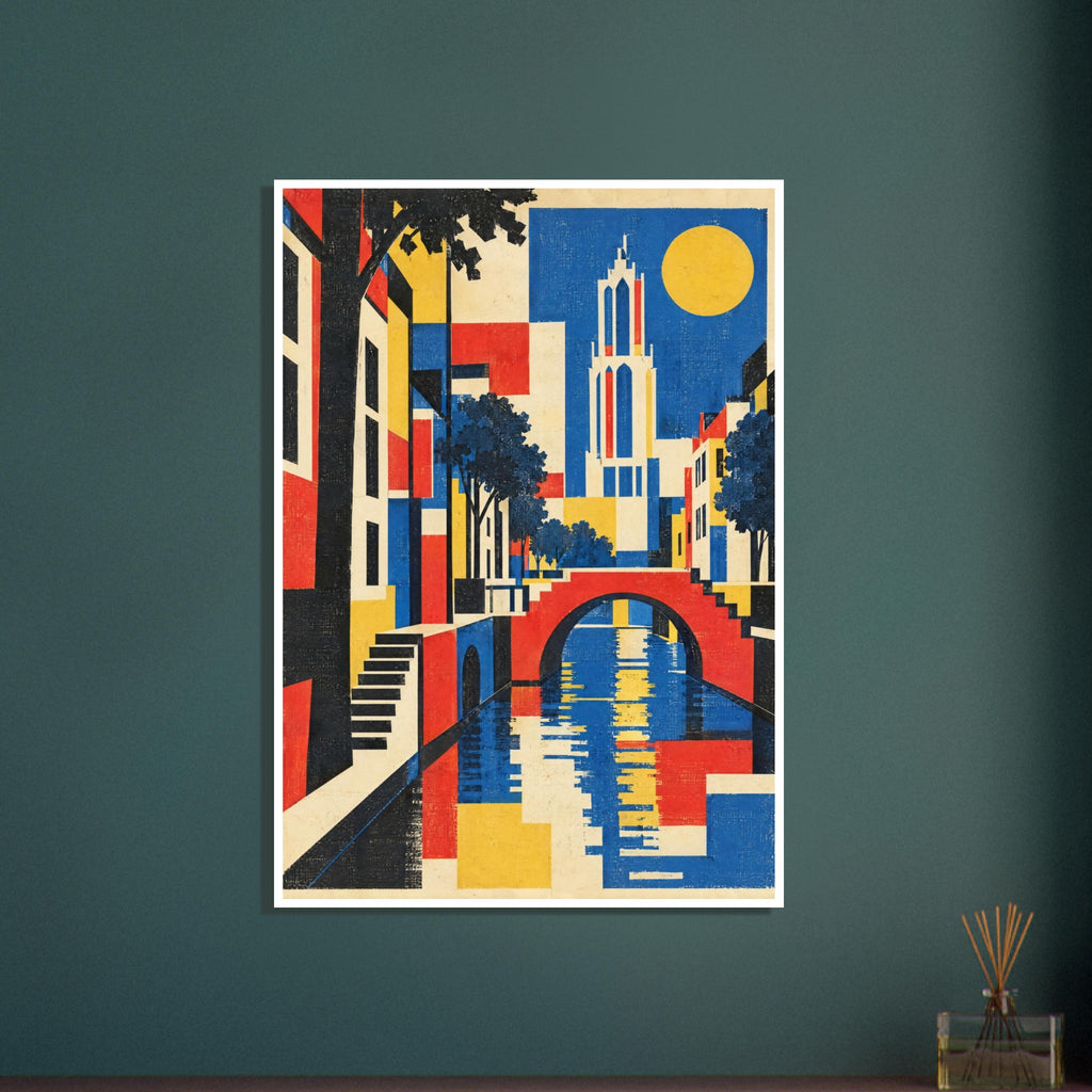 Geometric canal scene with a red arched bridge, blue water, cream tower, dark trees and yellow sun in a textured finish.