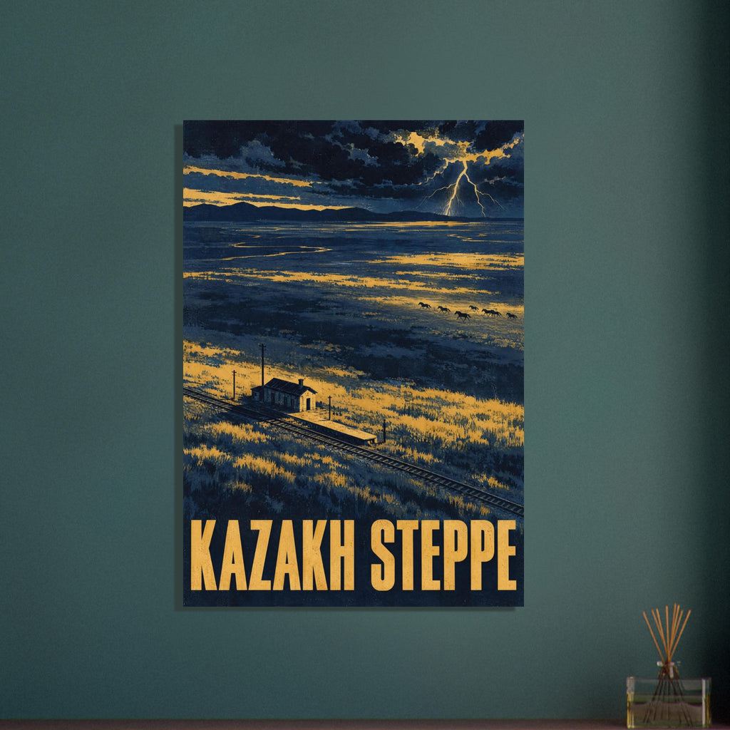 Kazakh Steppe poster with lightning over blue and yellow plains, running horses, railway tracks and a small building.