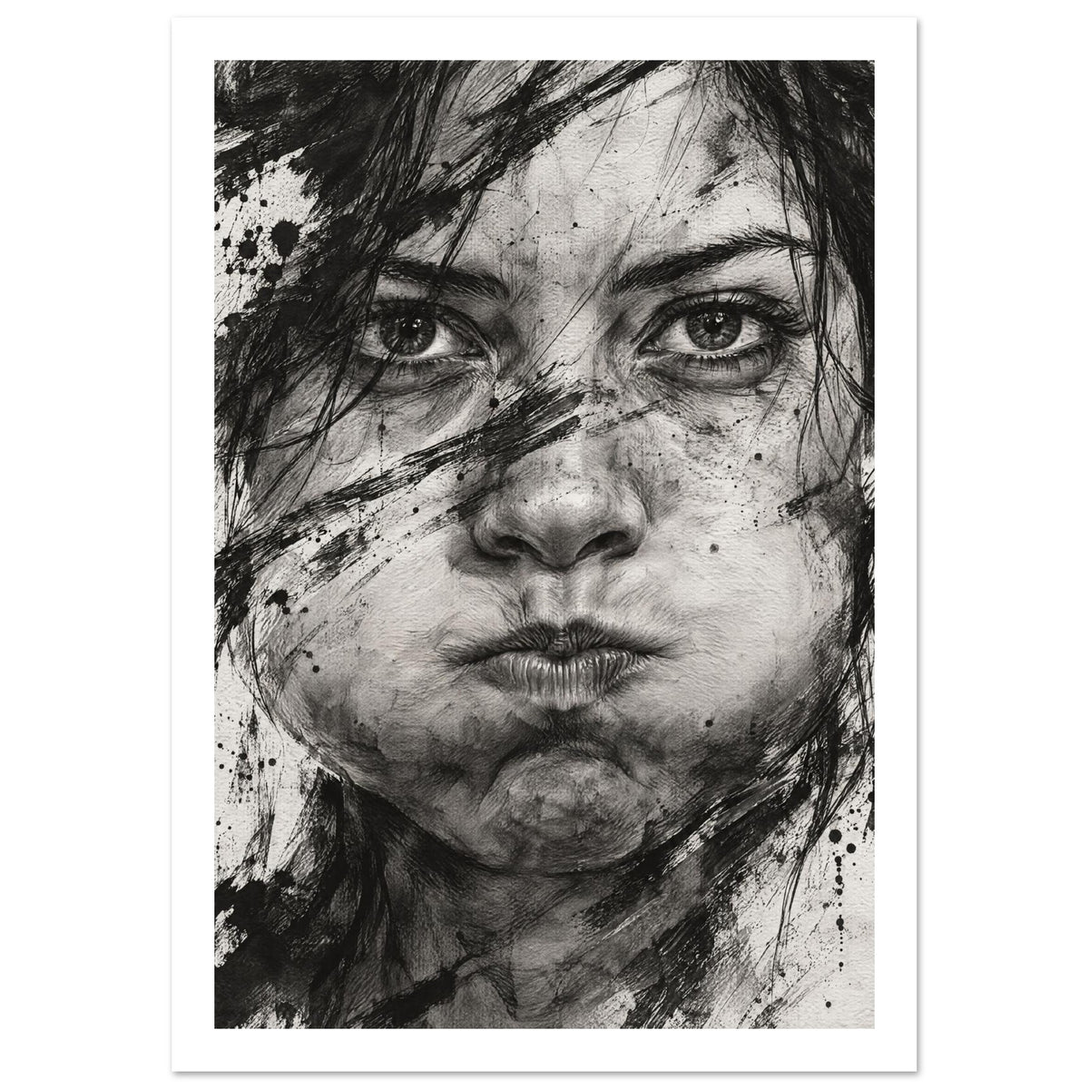 Expressive Face Black And White Art Print – White Border