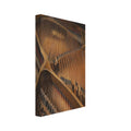 Piano interior with tightly spaced strings, tuning pins and curved supports in warm brown tones with dark shading.