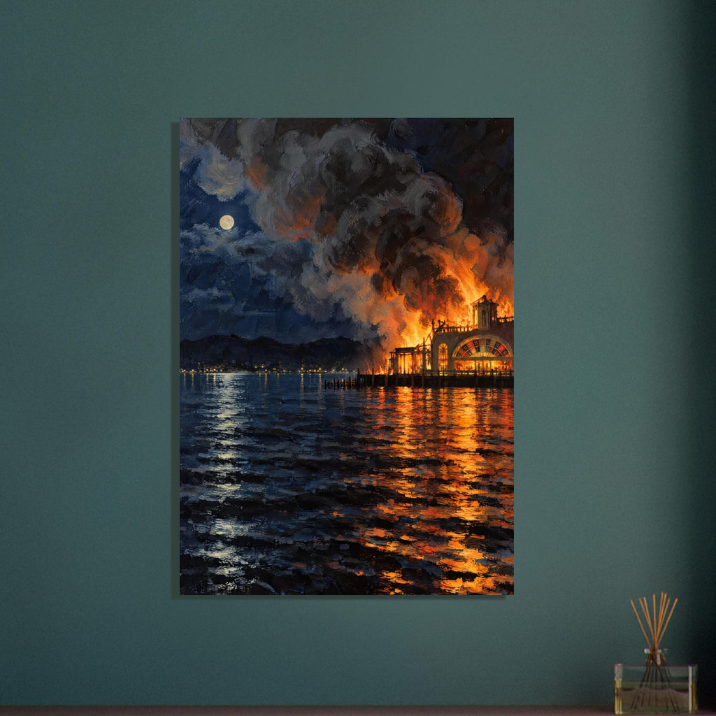 Burning waterfront building beneath billowing smoke, with orange flames and a pale moon reflected in dark blue water.