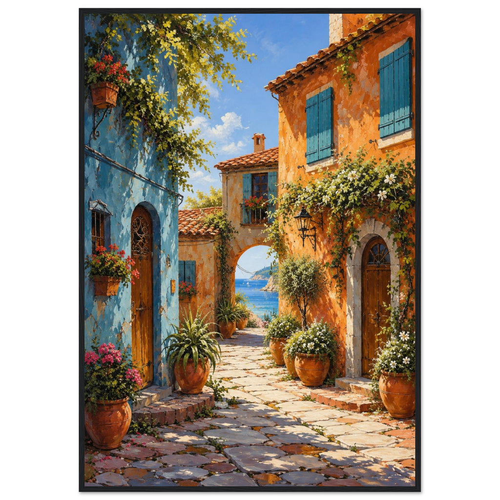 Coastal village lane with blue and orange buildings, potted flowers and a stone archway opening onto a sea view.