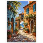 Coastal village lane with blue and orange buildings, potted flowers and a stone archway opening onto a sea view.