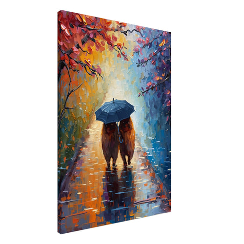 Two capybaras beneath a blue umbrella on a reflective wet path, framed by red and orange leaves in a painterly scene.
