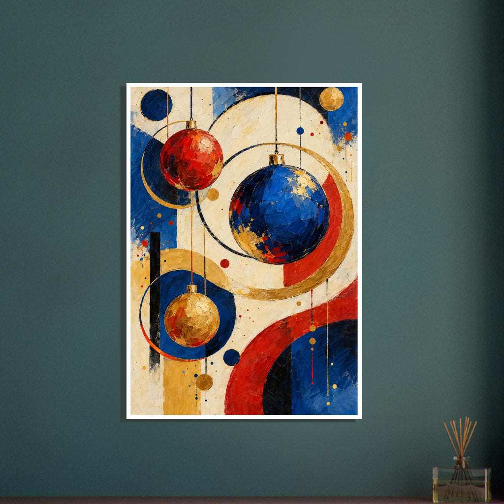 Red, blue and golden baubles hanging among sweeping circles, coloured dots and textured geometric shapes on cream.