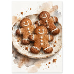 Watercolour painting of three iced gingerbread men on a rustic plate