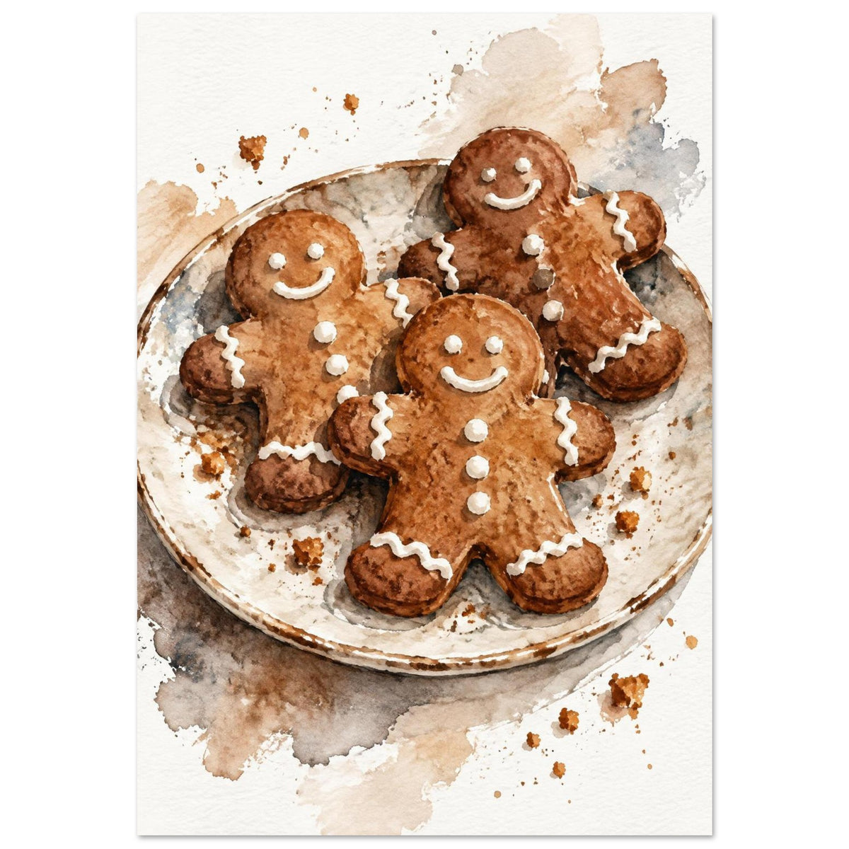 Watercolour painting of three iced gingerbread men on a rustic plate