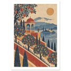 Terraced fruit gardens and a red-domed pavilion beside blue water, with cypress trees, distant mountains and a golden sun.