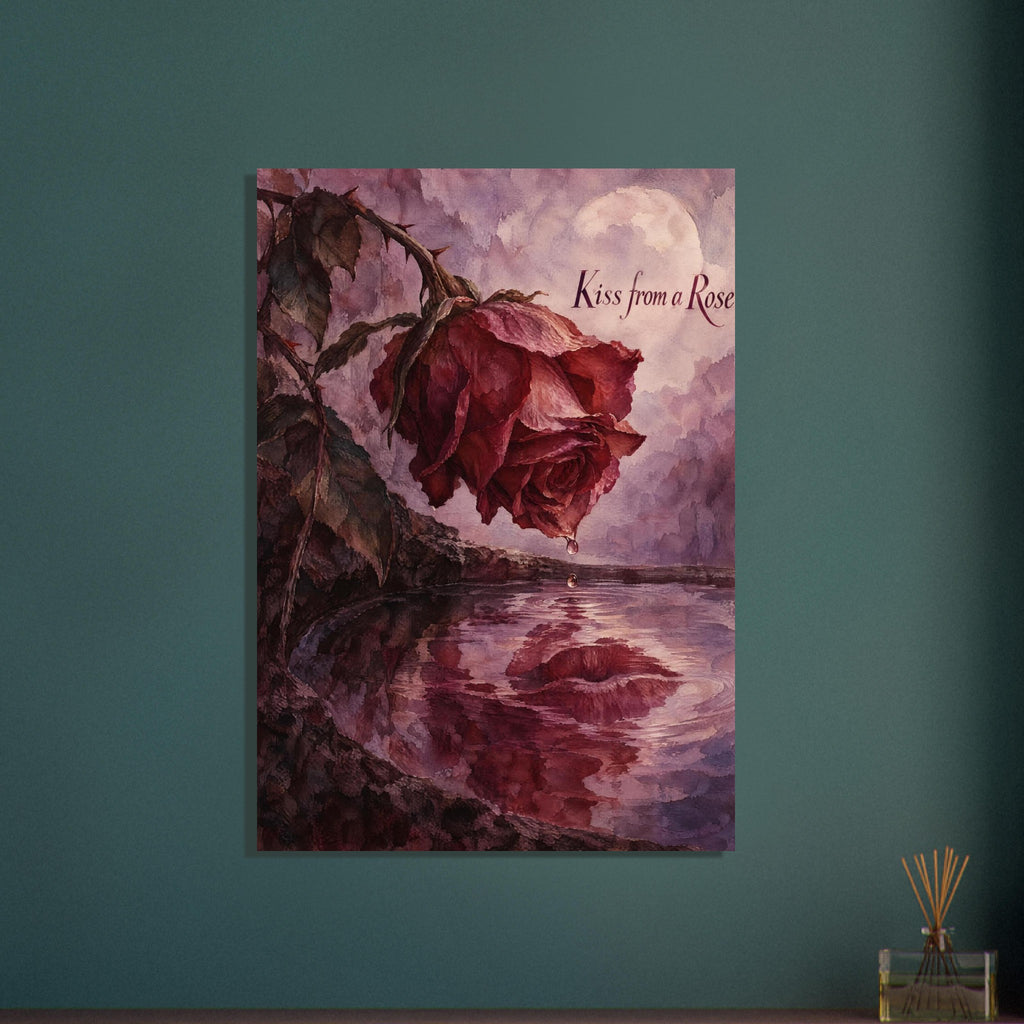 Burgundy rose above water with a lip-shaped reflection, falling droplets, a pale moon and ‘Kiss from a Rose’ text.