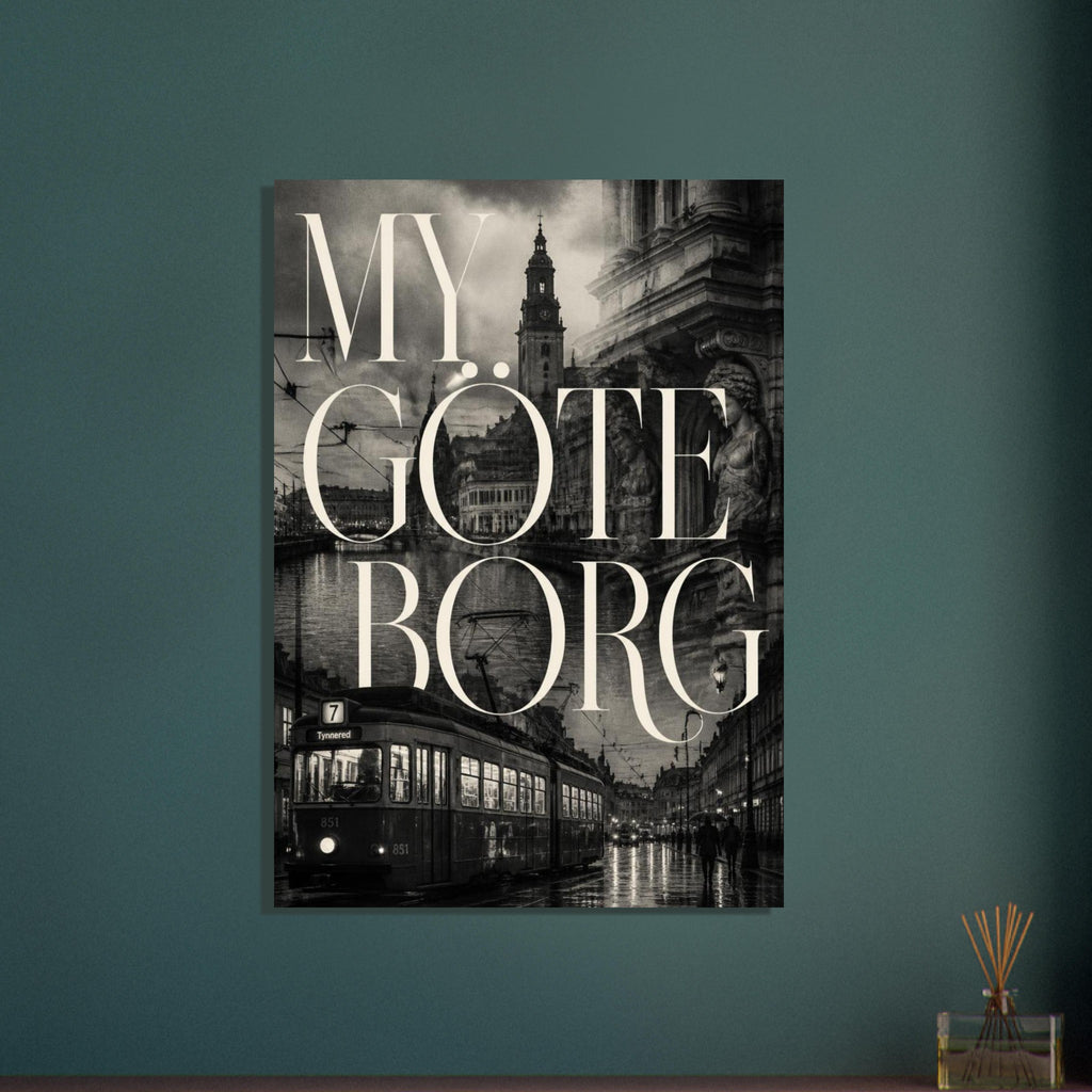 Cream ‘MY GÖTEBORG’ lettering over a dark city collage with a clock tower, ornate stonework, water and a tram.