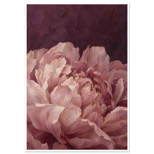 Blush pink peony with layered, curling petals and visible painterly brushwork against a deep burgundy background.
