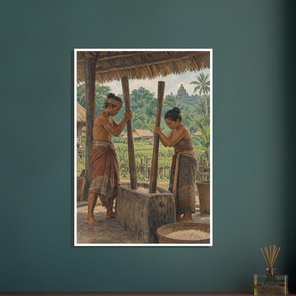 Two figures pounding grain in a wooden mortar beneath a thatched roof, with green fields and a distant temple behind.