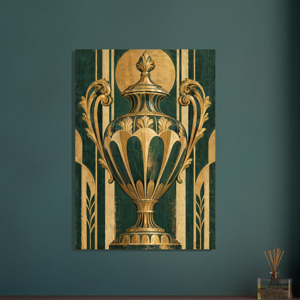 Ornate green and gold lidded urn with curling leaf handles against a distressed geometric background.
