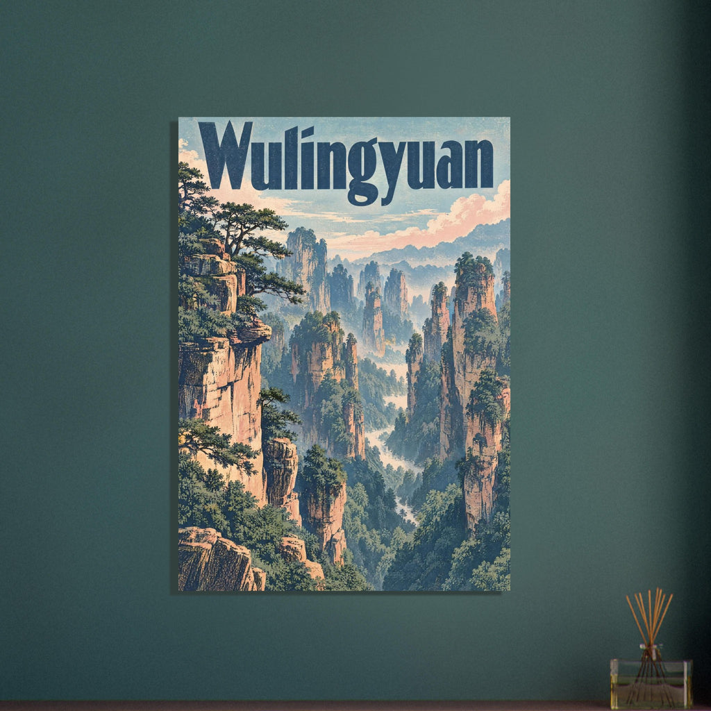 Wulingyuan lettering above towering peach-coloured rock pillars, green trees and a misty blue mountain ravine.