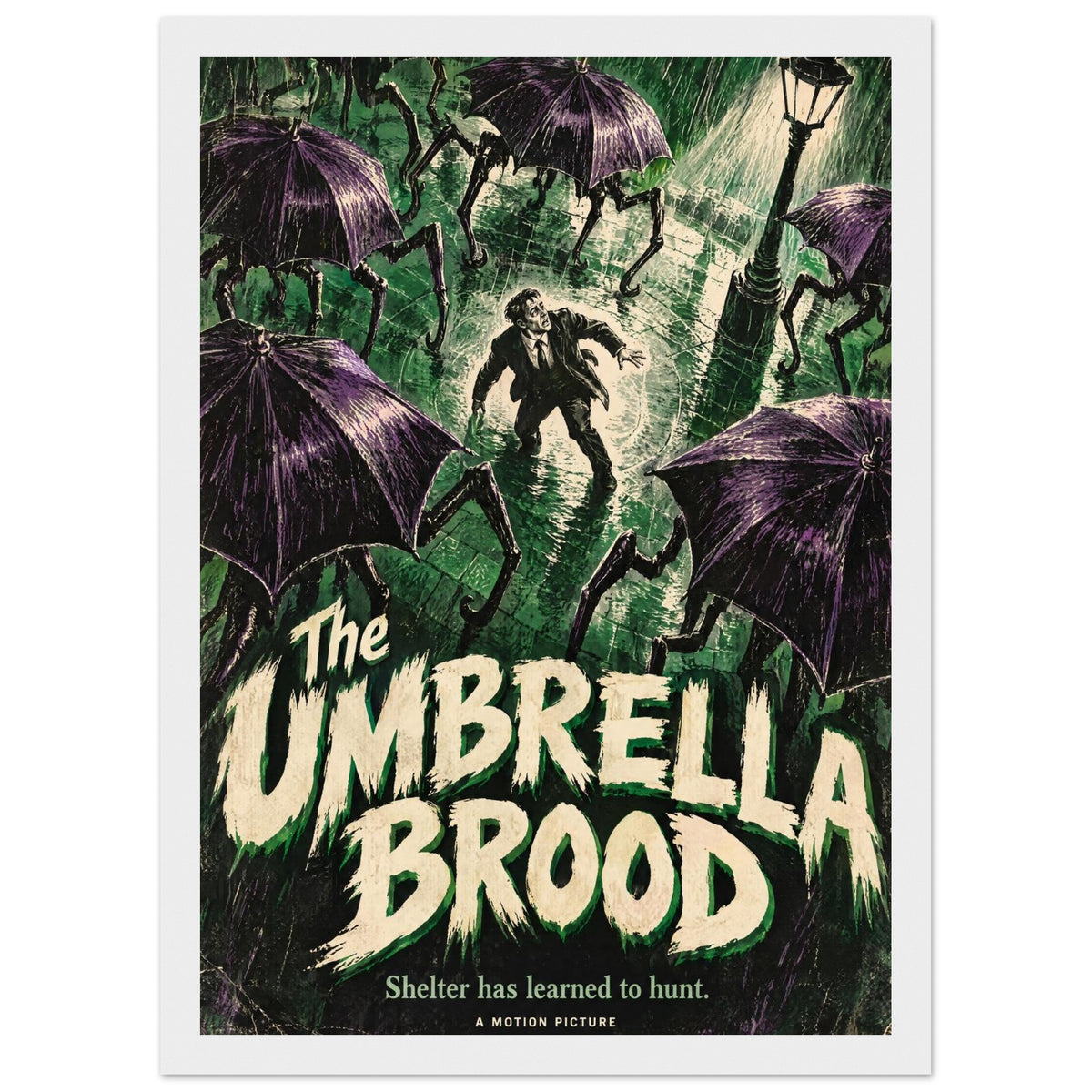 Umbrella Creatures Retro Horror Poster – Framed