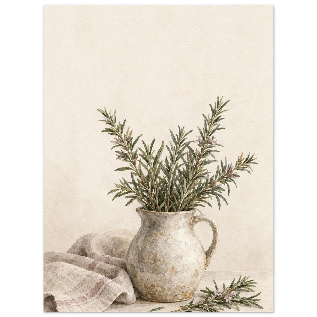 Rosemary in a stoneware jug painted in watercolour, with loose stems and folded linen against a warm ivory background.