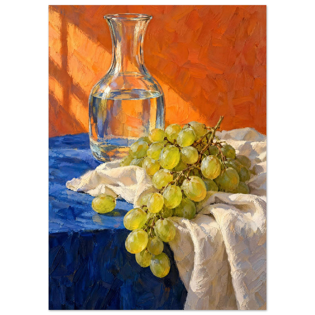 Green grapes on cream fabric beside a glass carafe of water, with a blue tabletop and textured orange background.
