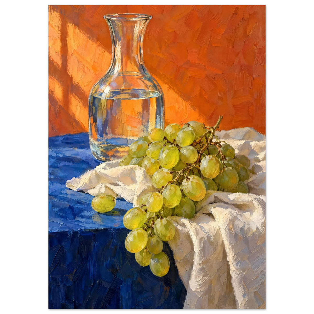 Green grapes on cream fabric beside a glass carafe of water, with a blue tabletop and textured orange background.