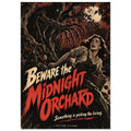 Claw-like tree reaches towards a frightened woman beneath a full moon, with red ‘Beware the Midnight Orchard’ lettering.