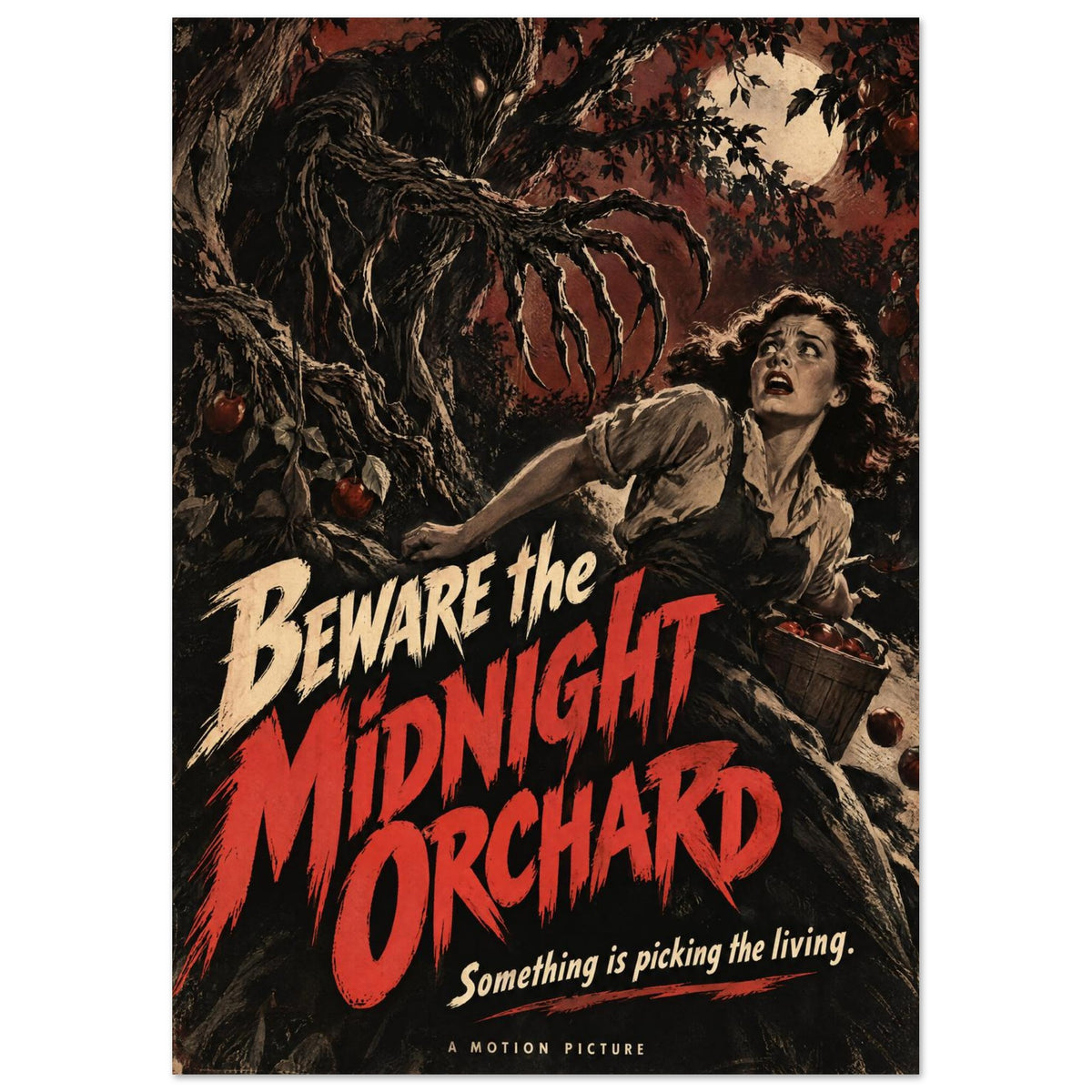 Claw-like tree reaches towards a frightened woman beneath a full moon, with red ‘Beware the Midnight Orchard’ lettering.