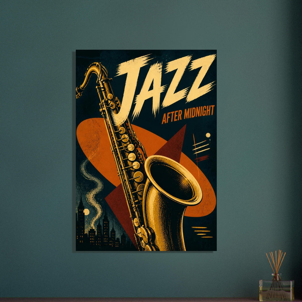 Golden-yellow saxophone on deep teal with orange shapes, a small skyline and bold ‘Jazz After Midnight’ lettering.