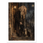 Elephant-headed gentleman holding a top hat beside a cat on stone steps, with a glowing lantern and moonlit rooftops.