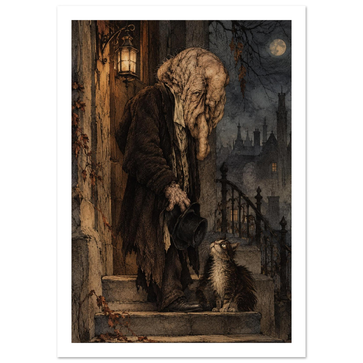 Elephant-headed gentleman holding a top hat beside a cat on stone steps, with a glowing lantern and moonlit rooftops.