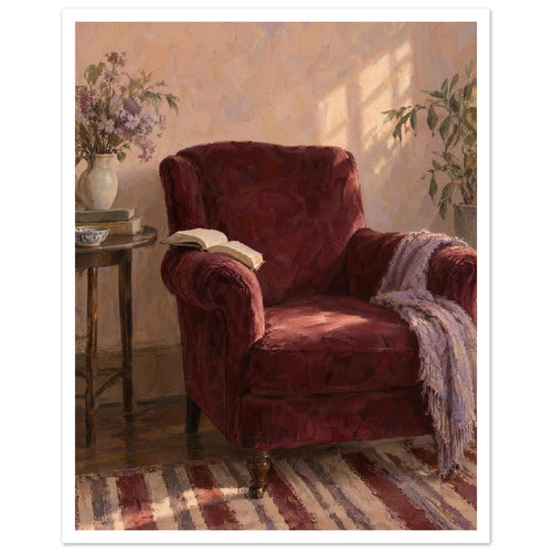 Burgundy armchair with an open book and lilac throw beside a table with flowers, books and a cup in a sunlit room.