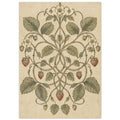 Intertwining strawberry vines with green leaves, pale flowers and muted red berries on a mottled cream background.